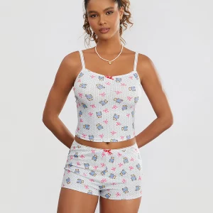 Y2K Bow&Bear Print Sleeveless Crop Cami Top and Shorts Set