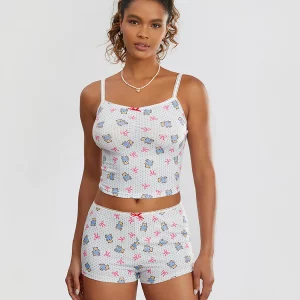 Y2K Bow&Bear Print Sleeveless Crop Cami Top and Shorts Set