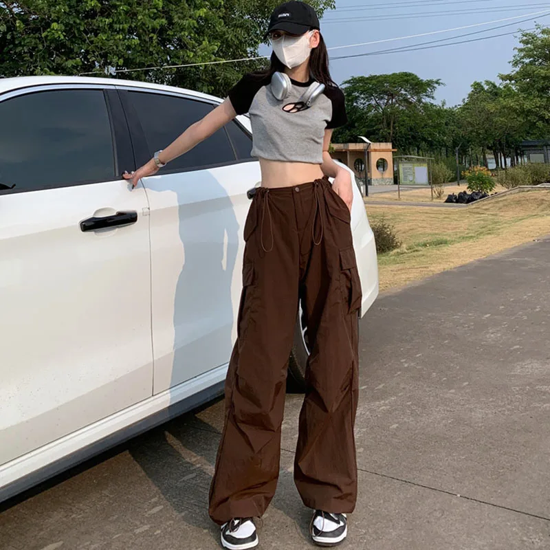 Y2K Brown Drawstring Cargo Pants - Vintage Hip Hop Streetwear for Women