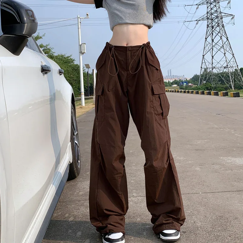 Y2K Brown Drawstring Cargo Pants - Vintage Hip Hop Streetwear for Women