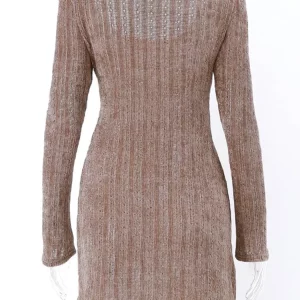 Y2K Brown Off-Shoulder Knit Dress - Korean Autumn Sexy Mini Sweater Dress