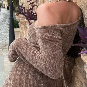 Y2K Brown Off-Shoulder Knit Dress - Korean Autumn Sexy Mini Sweater Dress