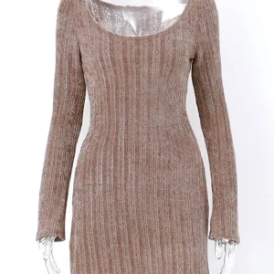 Y2K Brown Off-Shoulder Knit Dress - Korean Autumn Sexy Mini Sweater Dress