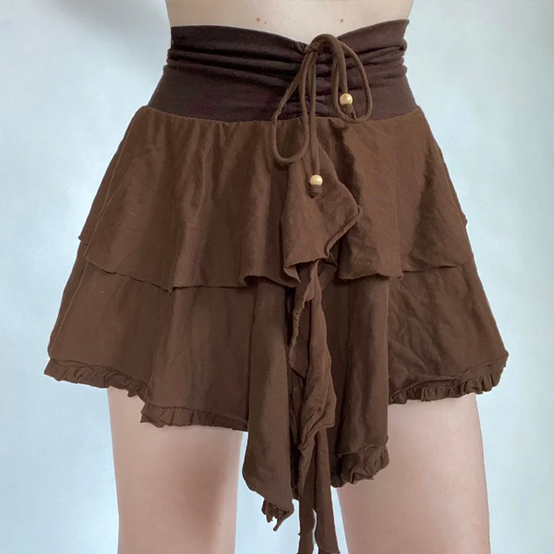 Y2K Brown Pleated Skirts - Ruffles Fairycore Vintage Harajuku Mini Skirts - Korean Chic Cute Street