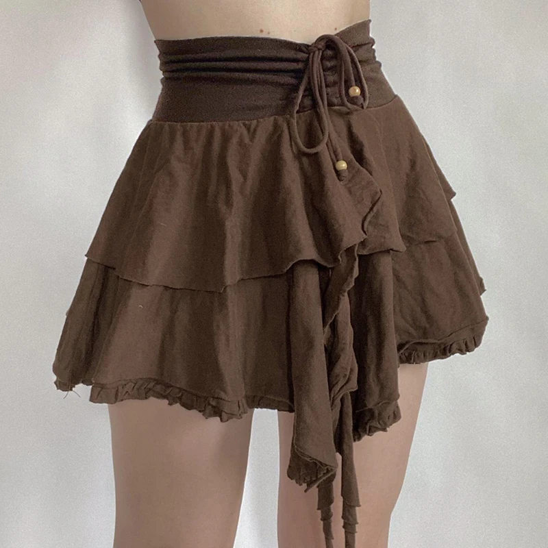 Y2K Brown Pleated Skirts - Ruffles Fairycore Vintage Harajuku Mini Skirts - Korean Chic Cute Street