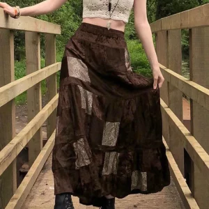 Y2K Brown Printed Boho Grunge Fairyore Retro Skirt