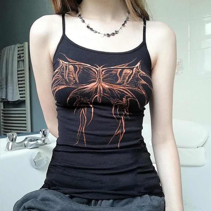 Y2K Butterfly Graphic Sleeveless Cami: Cute Gothic E-Girl Punk Top