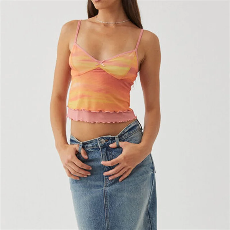 Y2K Butterfly Print Crop Top - Spaghetti Strap Sleeveless Camisole