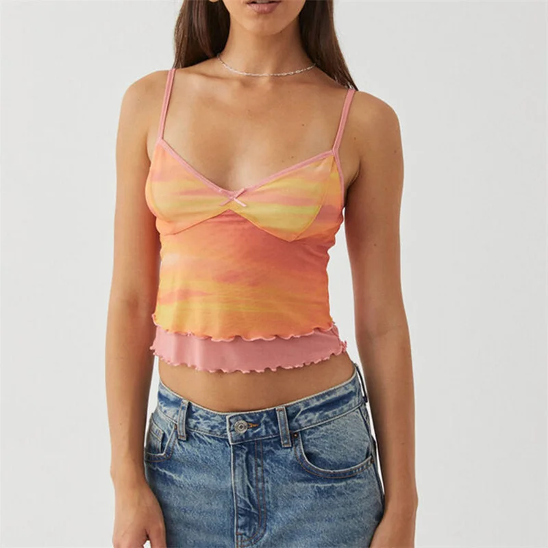 Y2K Butterfly Print Crop Top - Spaghetti Strap Sleeveless Camisole