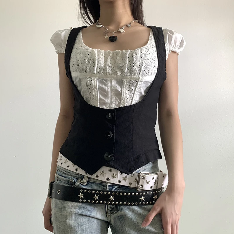 Y2K Button Corset Top Black Skinny Breasted Backless Vintage Aesthetic Punk Tank