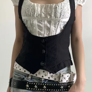 Y2K Button Corset Top Black Skinny Breasted Backless Vintage Aesthetic Punk Tank