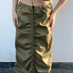 Y2k Cargo Long Skirt: Low Waist Drawstring Shirred 90s Vintage Harajuku Midi with Pockets