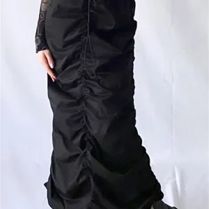 Y2k Cargo Long Skirt: Low Waist Drawstring Shirred 90s Vintage Harajuku Midi with Pockets