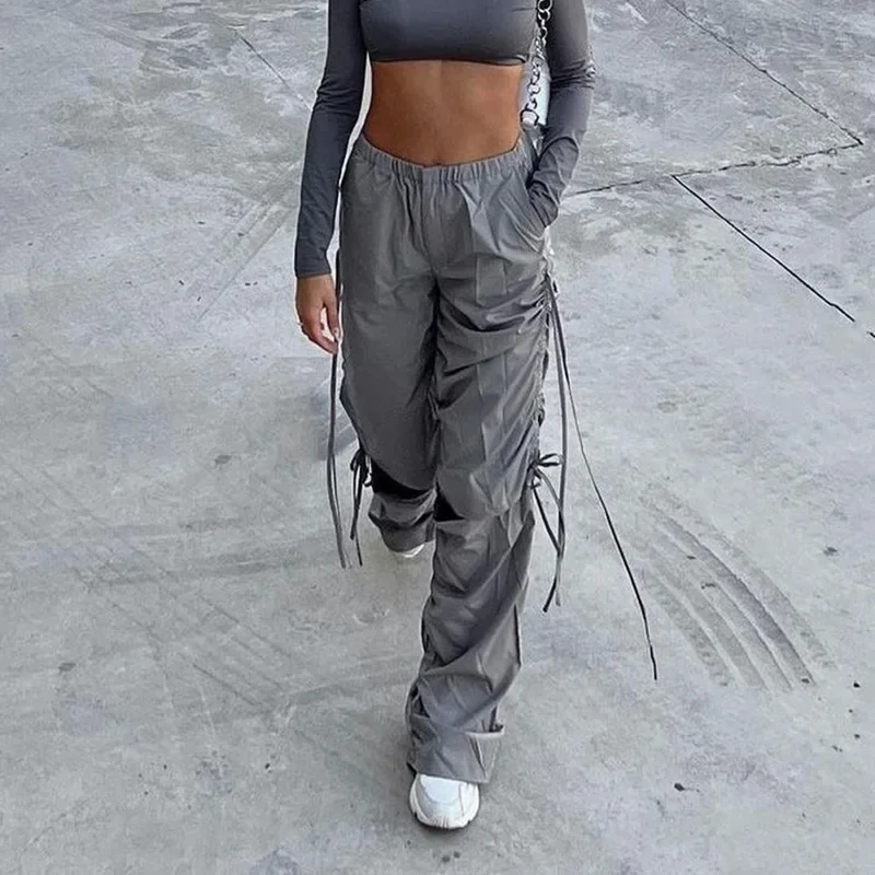 Y2K Cargo Pants Women Grey Drawstring Baggy Trousers Streetwear Vintage Casual Sweatpants