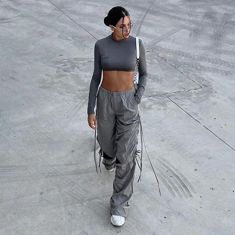 Y2K Cargo Pants Women Grey Drawstring Baggy Trousers Streetwear Vintage Casual Sweatpants