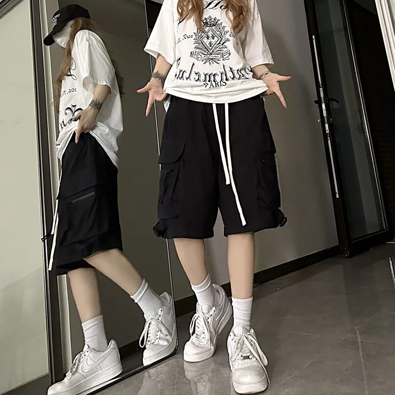 Y2K Cargo Shorts for Women: High Waist Drawstring Baggy Pockets Casual Knee-Length Pants