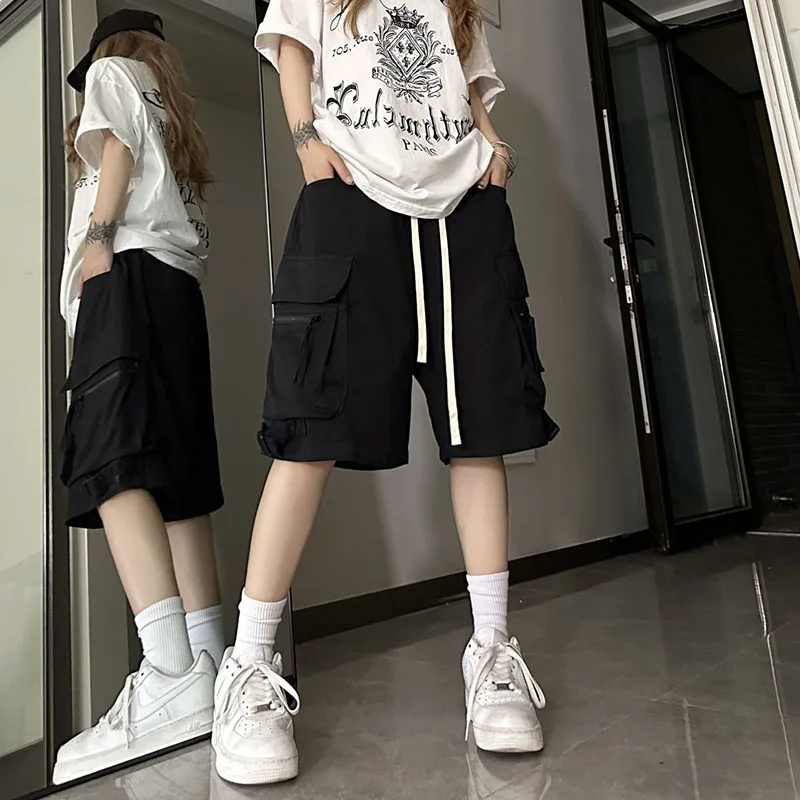 Y2K Cargo Shorts for Women: High Waist Drawstring Baggy Pockets Casual Knee-Length Pants