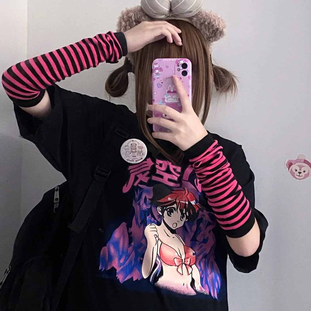 Y2K Cartoon Print Loose Streetwear T-shirt - Harajuku Gothic E-Girl Kawaii Vintage Top