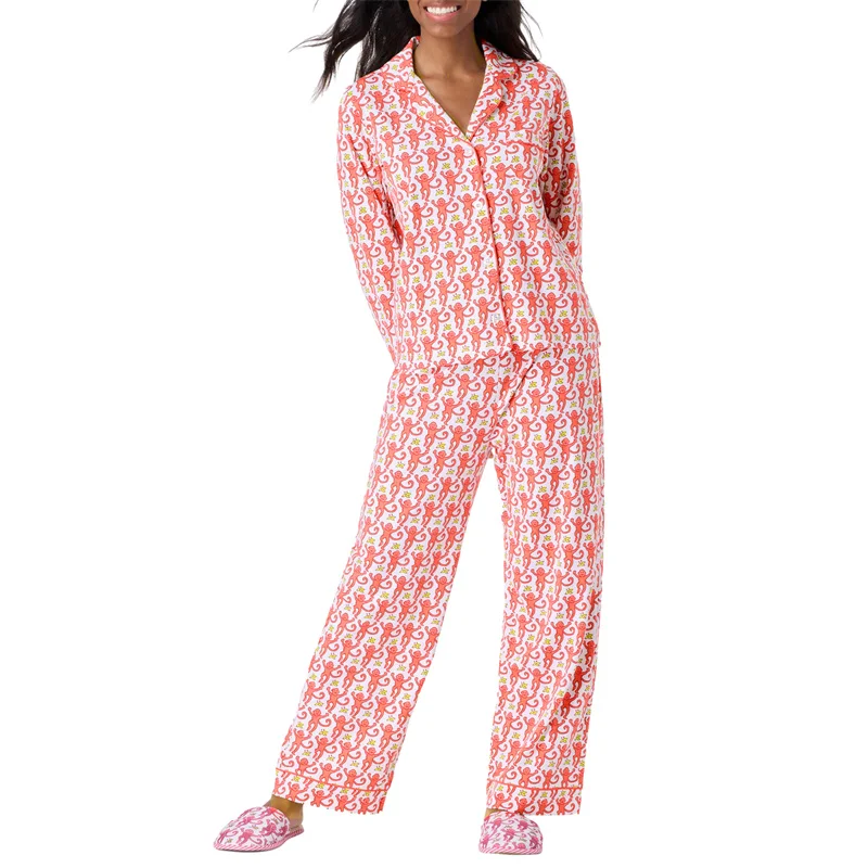 Y2K Cartoon Print Loungewear Set - Preppy Monkey PJs - Single Breasted Shirt and Pants