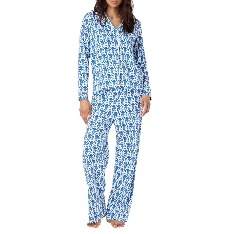 Y2K Cartoon Print Loungewear Set - Preppy Monkey PJs - Single Breasted Shirt and Pants