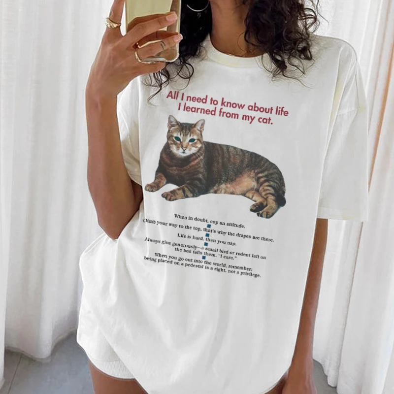 Y2K Cat Graphic Tee - Funny Quotes Vintage Aesthetic Cute Cat Mom Shirt