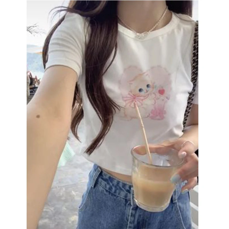 Y2K Cat Print Fairy Crop Top - Kawaii Street Style Women's Fashion