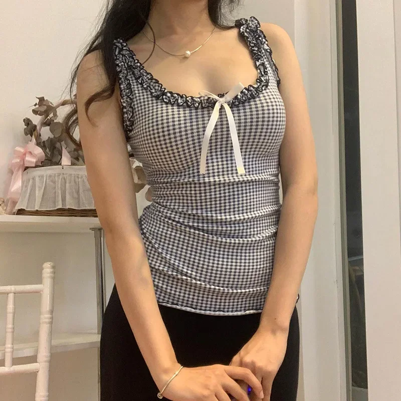 Y2K Checkerboard Tank Top with Ruffle Square Collar