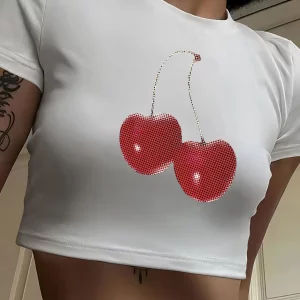 Y2K Cherry Heart Print White Tee - Retro 90s Grunge Fashion