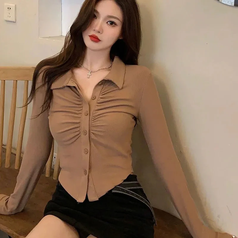 Y2K Chic Folds Cropped Shirt - Autumn Sexy Slim Blouse - Turndown Collar Long Sleeve Top