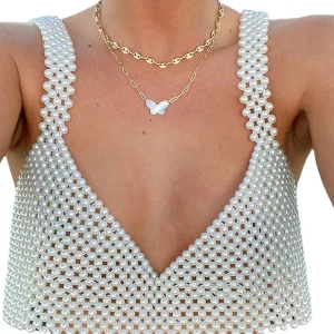 Y2K Chic Women's Camisole: Pearl Fishnet Sleeveless Beach Cover-up