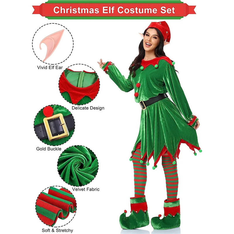 Y2K Christmas Elf Costume Set: Mini Dress Hat Boots Belt Stockings