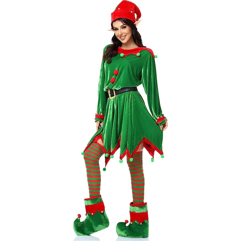 Y2K Christmas Elf Costume Set: Mini Dress Hat Boots Belt Stockings