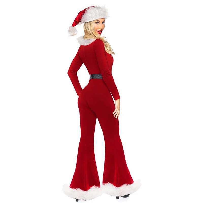 Y2K Christmas Jumpsuit Set with Plush Trim & Flared Pants for Festive Role-Playing