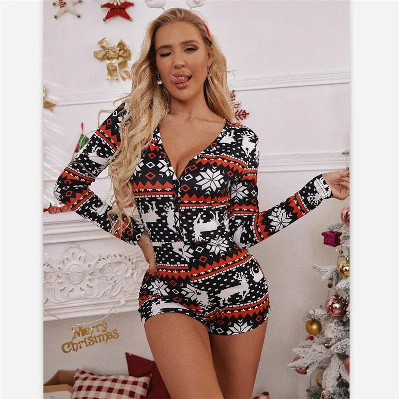 Y2K Christmas Jumpsuit V-Neck Bodycon Romper Harajuku Bodysuit