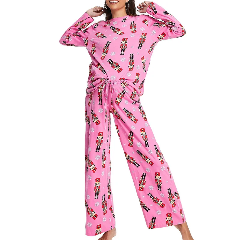 Y2K Christmas Nutcracker Loungewear Set - Pink Print Tee and Pants