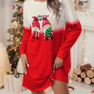 Y2K Christmas Sexy Women Casual Dress - Cartoon Print Round Neck Long Sleeve A-Line Tunic