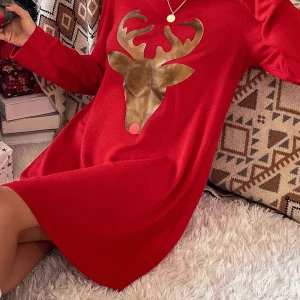 Y2K Christmas Sexy Women Casual Dress - Cartoon Print Round Neck Long Sleeve A-Line Tunic