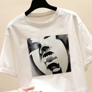 Y2K Cinematic Print Short-Sleeve T-Shirt - American Sexy Black & White Slim Fit Top