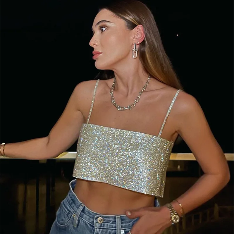 Y2K Club Sequin Spaghetti Strap Camisole Crop Top - Sexy Streetwear