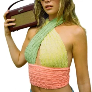 Y2K Color Block Halter Top - Backless V-Neck Shirt for Summer