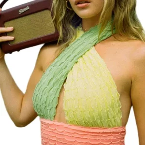 Y2K Color Block Halter Top - Backless V-Neck Shirt for Summer