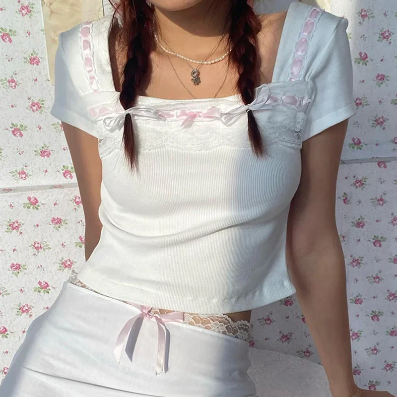 Y2K Contrast Color Ribbon Bow Cropped Top - White Japanese Lolita Style Slim-fit T-shirt