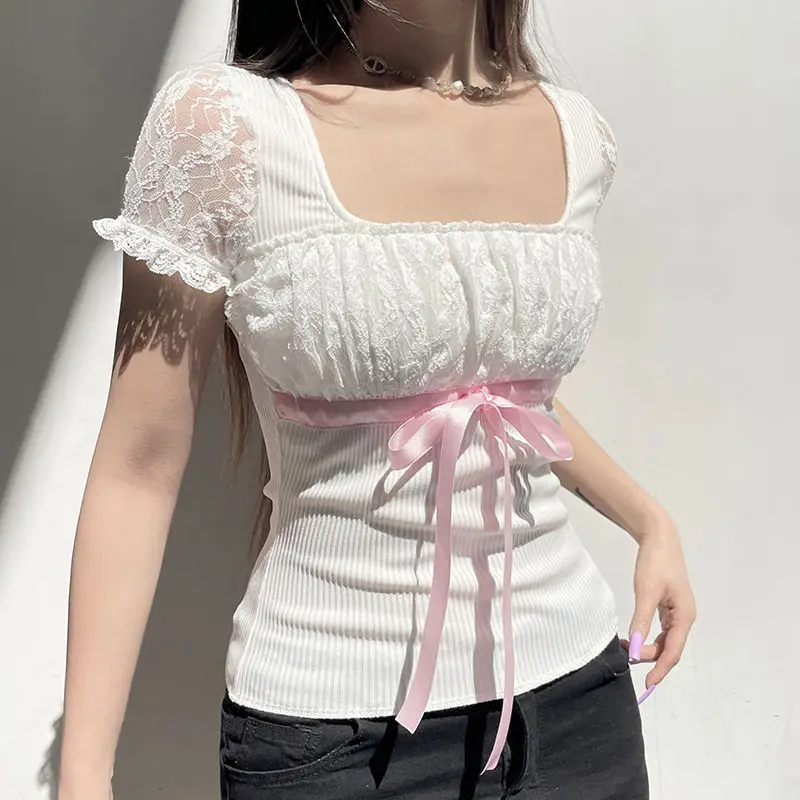 Y2K Coquette Bow Top: Slim-fit Puff Sleeve Tee with Lace Patchwork