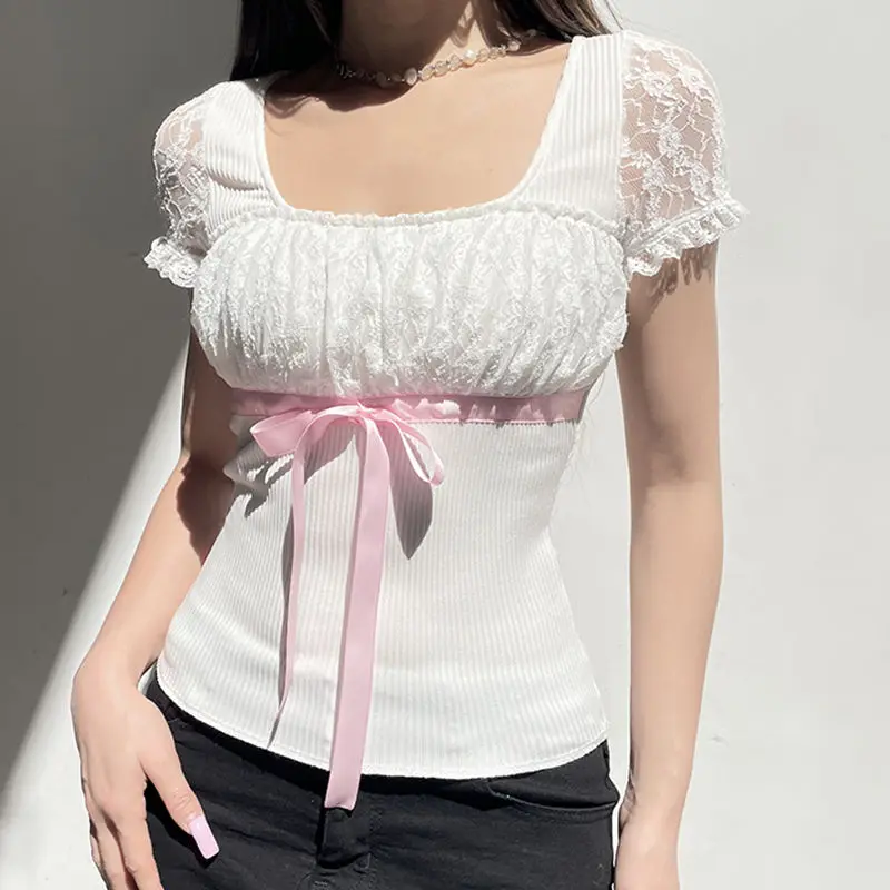 Y2K Coquette Bow Top: Slim-fit Puff Sleeve Tee with Lace Patchwork