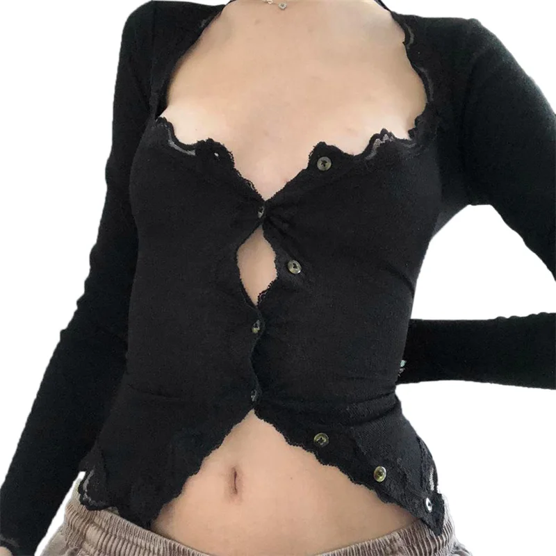 Y2K Coquette Lace Trim Blouse - Solid Color Single Breasted Long Sleeve Shirt