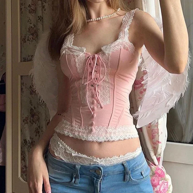 Y2K Coquette Lace Trim Patchwork Corset Pink Kawaii Tie-up Tank Top