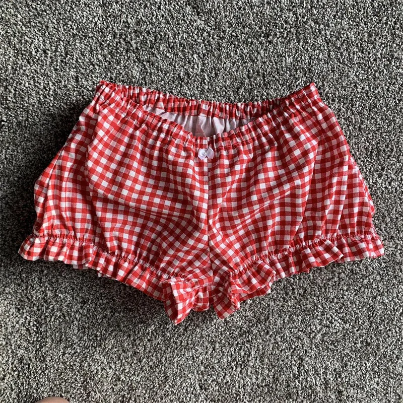 Y2K Coquette Lounge Shorts - Elastic Band Ruffle Trim Plaid Solid Color Duck Print