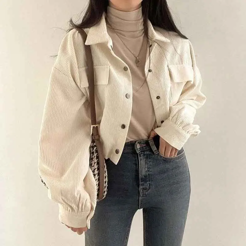 Y2K Corduroy Crop Blouse: Autumn Fashion with Chic Pockets