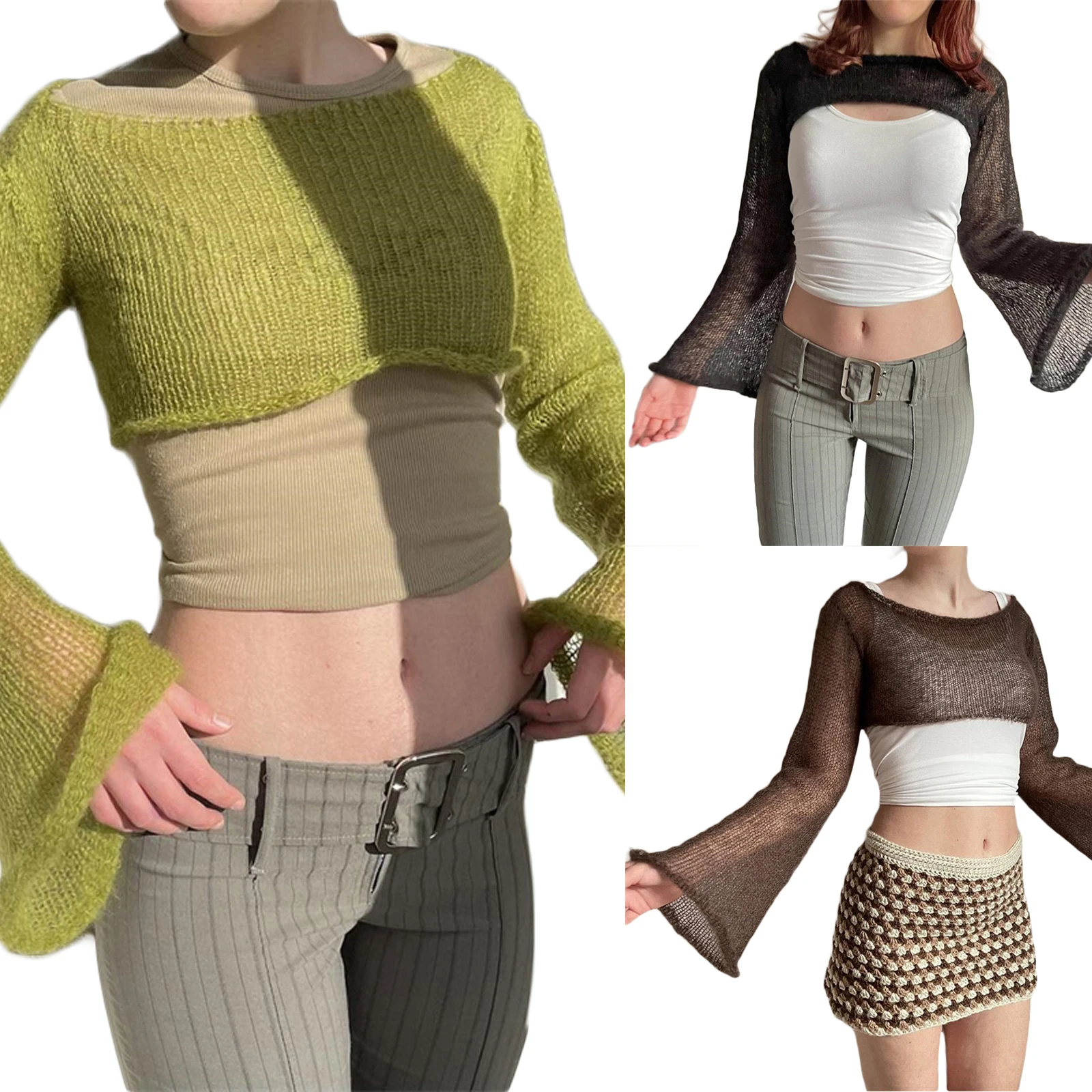 Y2K Crochet Knit Crop Tops - Color Block Patchwork Sweater - Vintage Streetwear