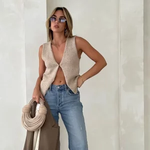 Y2K Crochet Knit Vest: Hollow Out Button Down V Neck Crop Top